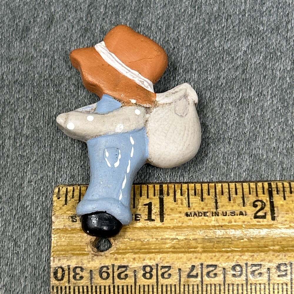 Vintage Ceramic Hobo Boy Fridge Magnet Straw Hat Overalls Over The Shoulder Sack